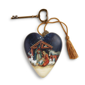 Small heart pendant with nativity scene night sky - gold key and tassle attatched