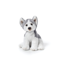White and grey stuffed dog animal sitting up