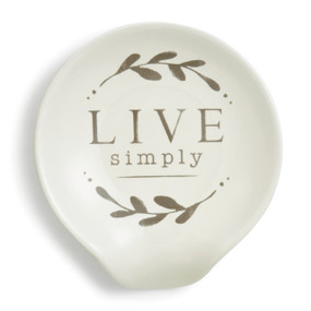 White dish with LIVE simply carved in tan letters surrounded by two branches