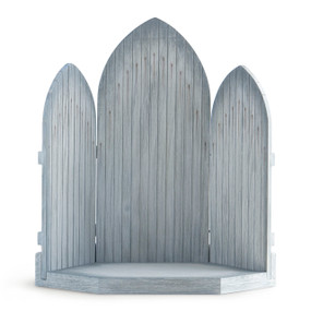 Blue-gray, antiqued wood backdrop with base and three arch-shaped panels