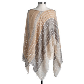 A gray and tan striped and textured poncho displayed on a mannequin.