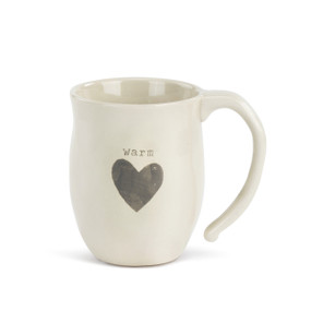 Front side view of white mug with 'warm' in grey above grey heart
