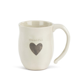 Front side view of white mug with 'thankful' in grey above grey heart