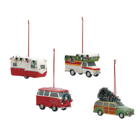 Set of four car ornaments - top is a white/red trailer and white van with green top, bottom is  a red van, and older green car