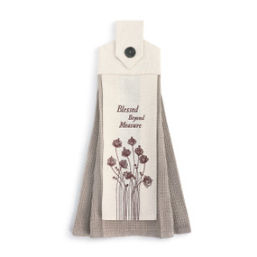 gray towel with Blessed Beyond Measure with flower illustration