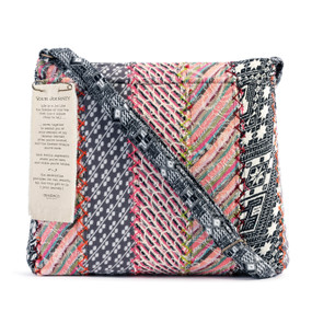 pink and black multipatterned patchwork tote bag
