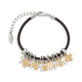 A black leather bracelet with 12 charms, 6 with gold crosses and 6 of silver crosses. The bracelet has an adjustable silver lobster clasp.