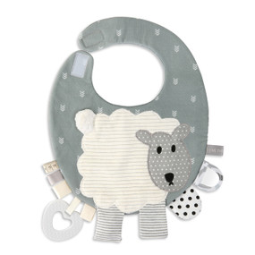 gray bib with white sheep decal and gray and white fabric tags around edge