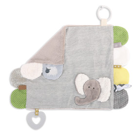 gray striped baby blanket with elephant decal and scalloped tags around edges