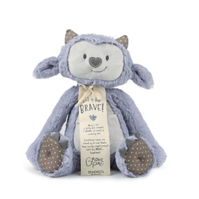 purple stuffed monster with tag reading Let's Be Brave