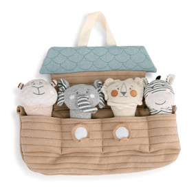 hanging fabric ark with different small stuffed animals sticking out of pockets on front