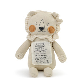 tan lion stuffed animal with poem to Little Lion printed on front