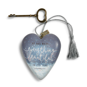 blue ceramic heart with He Has Made Everything Beautiful in its Time printed on front tied to brass key