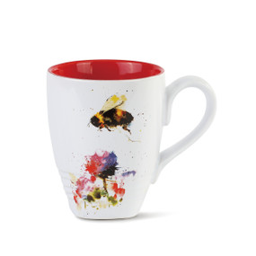 white mug painted red inside with painted bee and flower on outside
