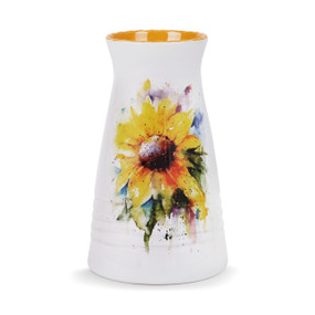 white vase with yellow inside and painted yellow flower on outside