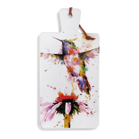 cutting board with painted birds and flowers on it