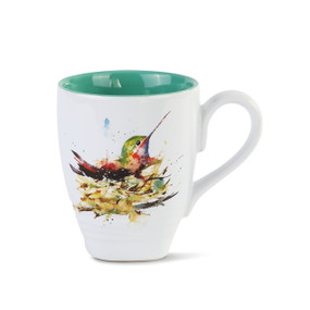 A white ceramic mug with a turquoise interior and a watercolor hummingbird in a nest on the front.