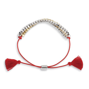 red drawstring bracelet with silver beads