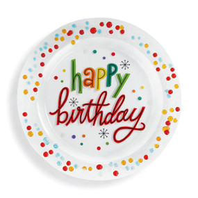 white plate reading Happy Birthday with multicolored dots around the edges