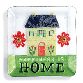 square dish with house and flower designs reading Happiness is Home