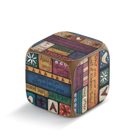 A wood dice with colorful images and a question on each side such as "What was your random act of kindness today?". There are also positive comments on each side such as "Love a Lot" or "Hug Often".