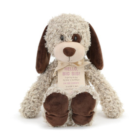stuffed brown and tan fluffy dog with tag around the neck reading Hello Big Sis
