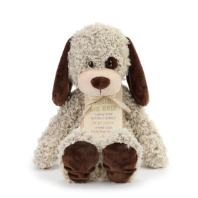 stuffed brown and tan fluffy dog with tag around the neck reading Hello Big Bro