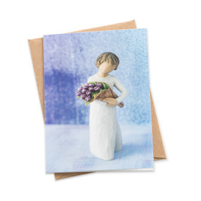 Purple painted notecard featuring figure in cream dress, holding large bouquet of purple tulips; inside is blank