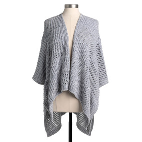 A open weave gray chenille kimono displayed on a mannequin.