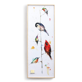 colorful watercolor painting of five birds on a branch on a white background with a thin light wood frms