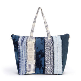 tote bag made of different patterned blue patchwork fabric