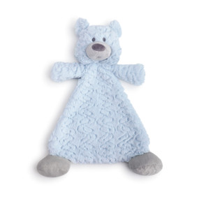 front view of triangle shaped light blue baby blanket with stuffed bear head, arms and legs