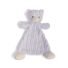 front view of triangle shaped light purple baby blanket with stuffed cat head, arms and legs