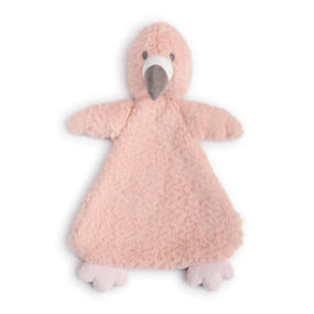 front view of triangle shaped light salmon baby blanket with stuffed tucan head, arms and legs