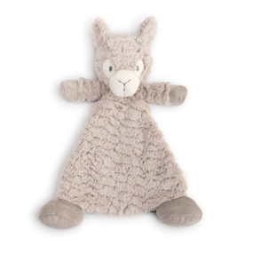 front view of triangle shaped tan baby blanket with stuffed donkey head, arms and legs