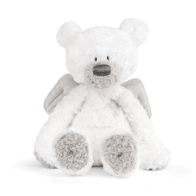 stuffed white plush bear with cross sewn on chest and angel wings