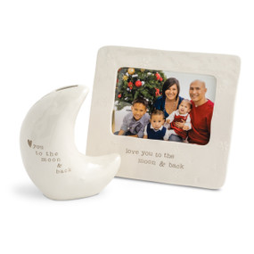 Ceramic moon shaped bank and photo frame that say love you to the moon and back
