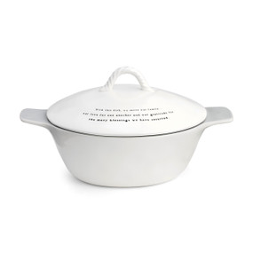 white ceramic dish with lid and handle that reads 'with this dish, we serve our family… our love for one another and our gratitude for the many blessings we have received'