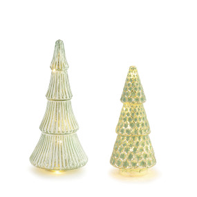 green and white evergreen trees with lights inside