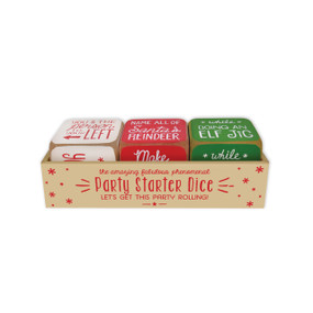 box labelled Party Starter Dice holding three white, red and green dice