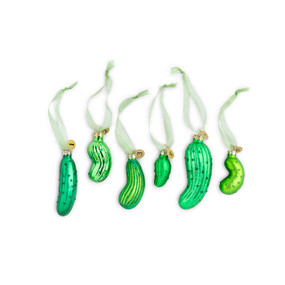 Set of six hanging green pickle ornaments