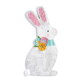 Front view of white bunny stand with pink ears wearing flower collar