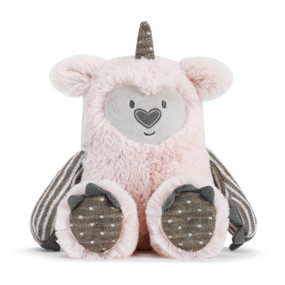 A pink and brown plush "Here For You Growl Pal" with white polka dots and stripes.