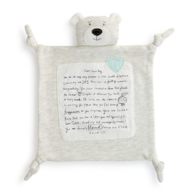 A light gray bear blankie with a blue heart and a large sentimental message patch.