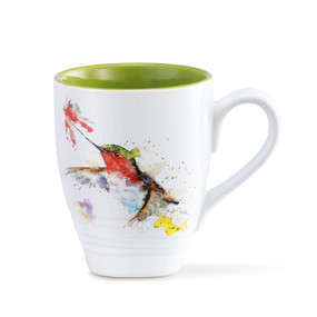 A white and green coffee mug with a hummingbird and a flower painted on the front.
