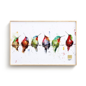 A white and wooden wall art piece with six little birds.