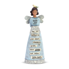 A "Faith and Trust Angel" in a blue dress with a sentimental message on the front.
