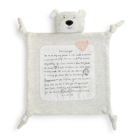 A light gray bear blankie with a pink heart and a large sentimental message patch.