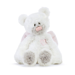 A plush white bear rattle with pink angel wings and a pink heart.