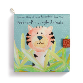A jungle themed soft book with a tiger in tall grass on the cover.